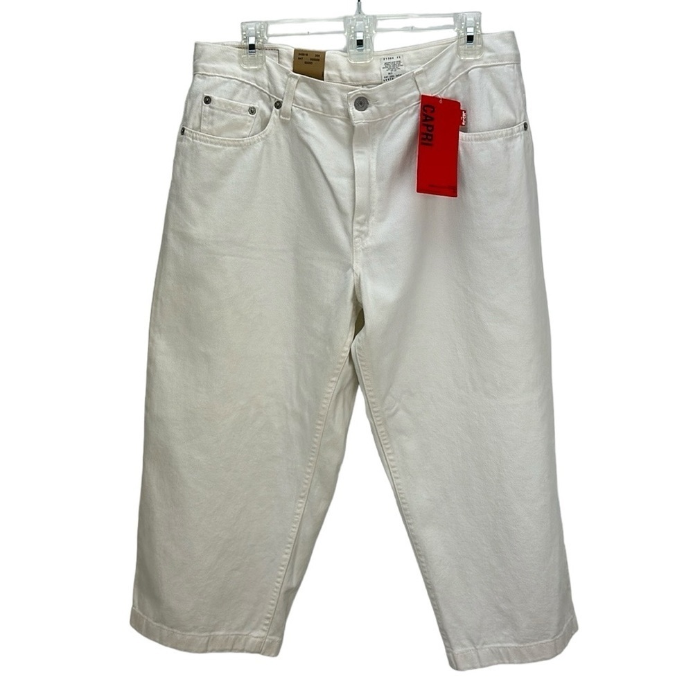 Vtg Levi’s 577 White Wide Leg‎ Cropped Capri Jeans Size 14 High Rise Loos…